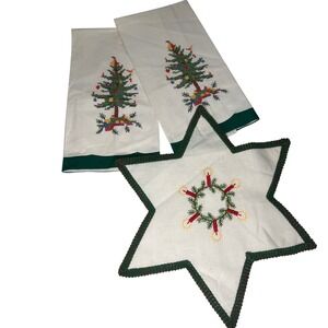 Vintage Cross stitched set of Two Tea towels and one Star‎ Doily Handmade